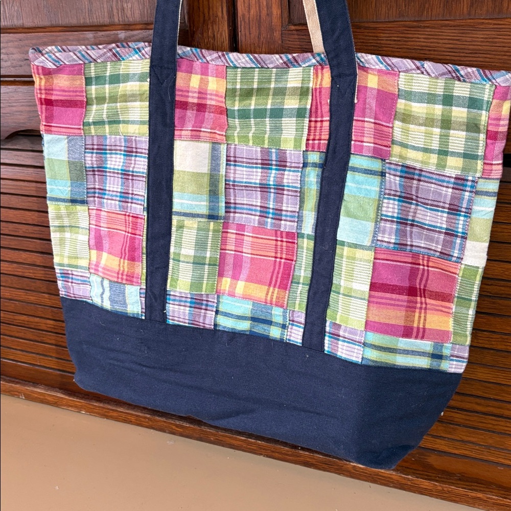 Colorful Patchwork Tote with Navy Base - Picture 2 of 6